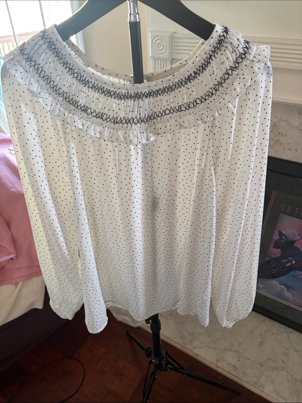 LOFT White Blouse with Black Tiny Dot Smocked Yoke